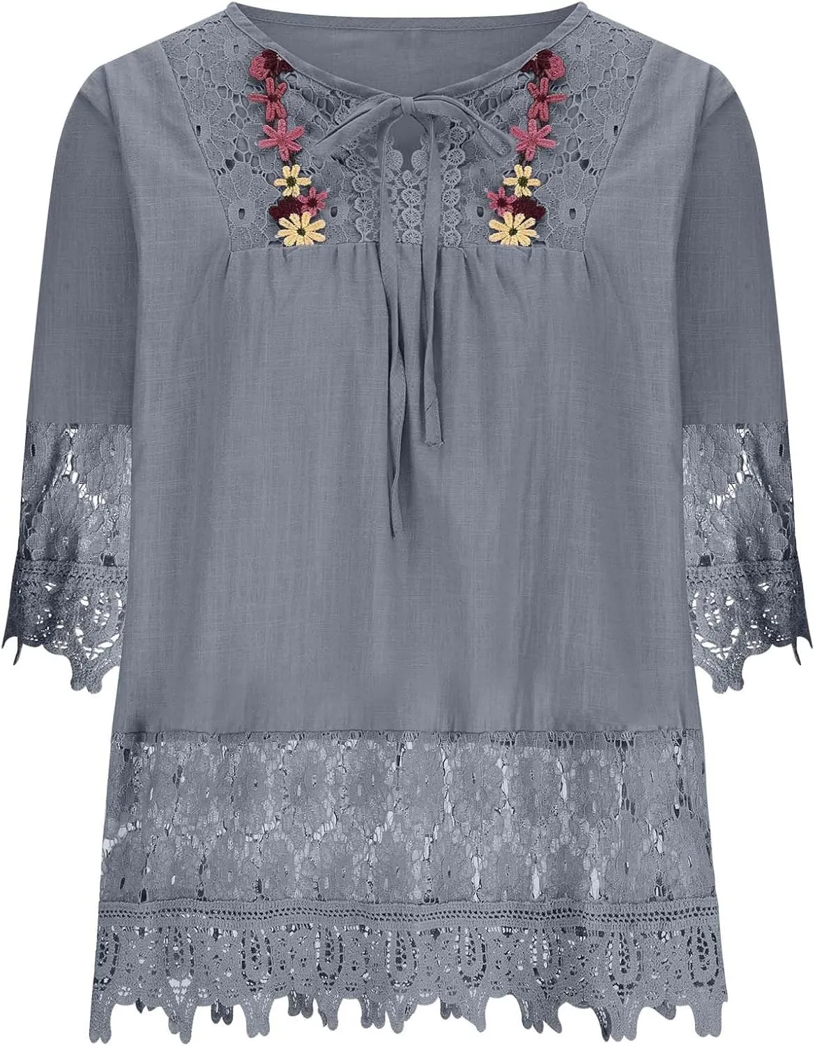 3/4 Length Sleeve Womens Boho Tops Cotton Linen Mexican Embroidered Shirts Plus Size Flowy Lace Tunic Peasant Blouses