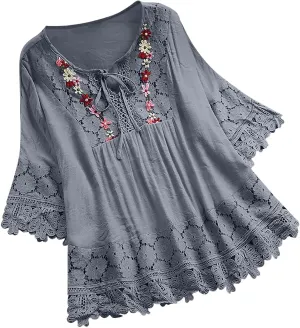 3/4 Length Sleeve Womens Boho Tops Cotton Linen Mexican Embroidered Shirts Plus Size Flowy Lace Tunic Peasant Blouses