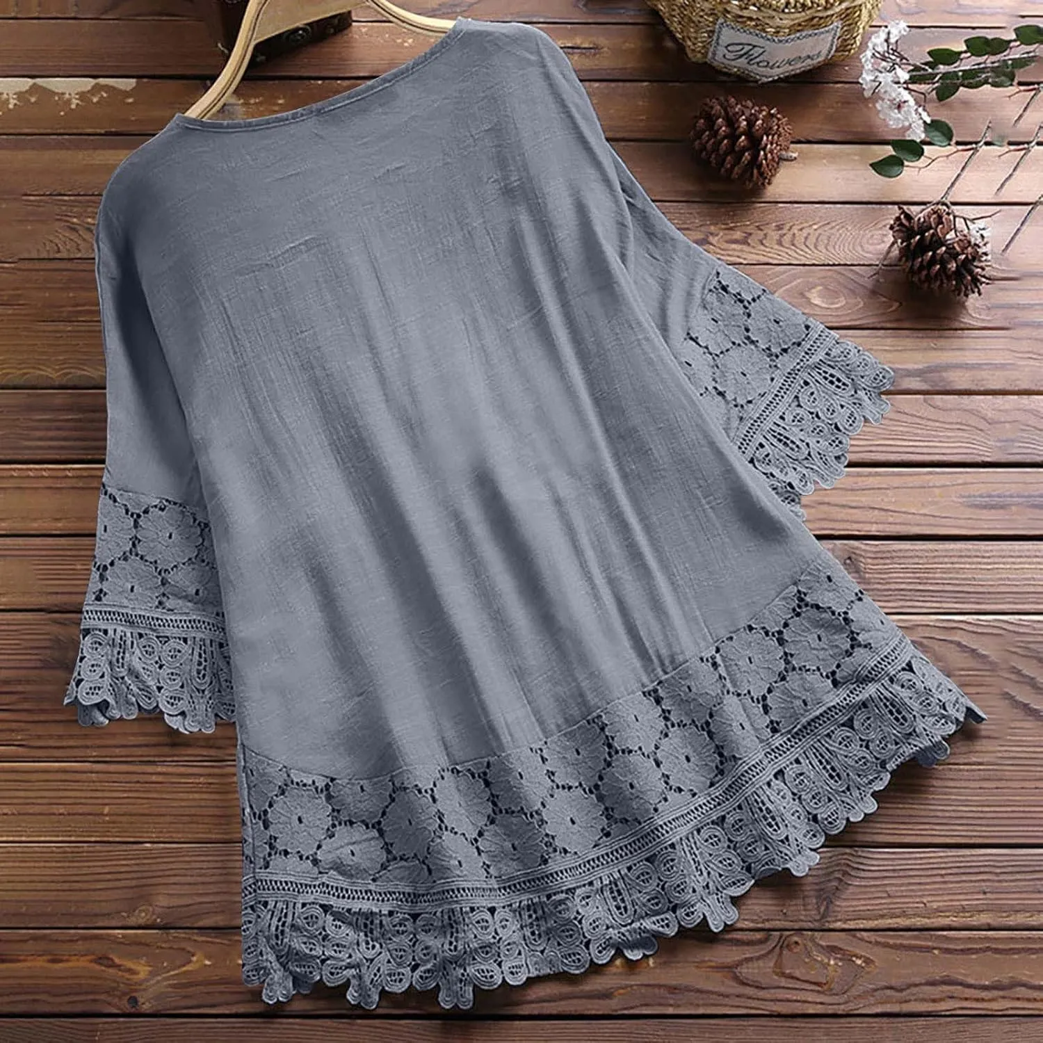 3/4 Length Sleeve Womens Boho Tops Cotton Linen Mexican Embroidered Shirts Plus Size Flowy Lace Tunic Peasant Blouses