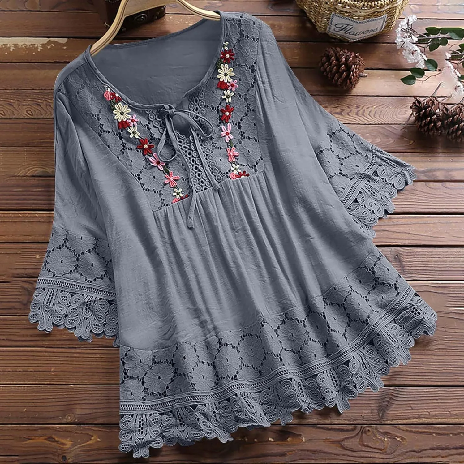 3/4 Length Sleeve Womens Boho Tops Cotton Linen Mexican Embroidered Shirts Plus Size Flowy Lace Tunic Peasant Blouses