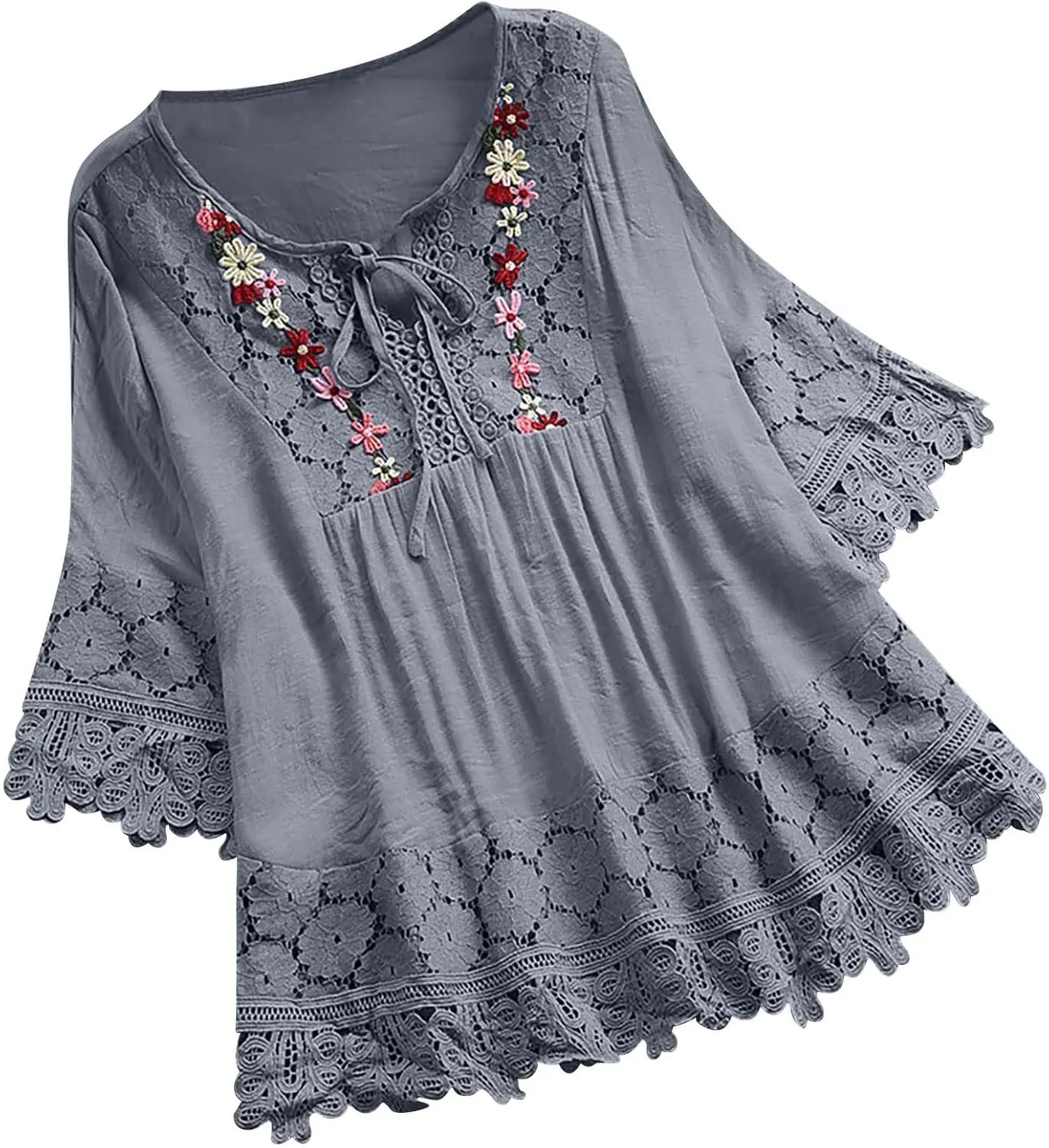 3/4 Length Sleeve Womens Boho Tops Cotton Linen Mexican Embroidered Shirts Plus Size Flowy Lace Tunic Peasant Blouses