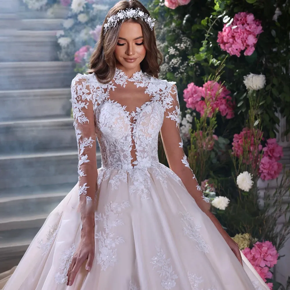 A-Line Elegant Princess Wedding Dresses High Neck Long Sleeve Romantic Bridal Gown