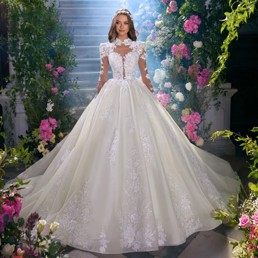 A-Line Elegant Princess Wedding Dresses High Neck Long Sleeve Romantic Bridal Gown