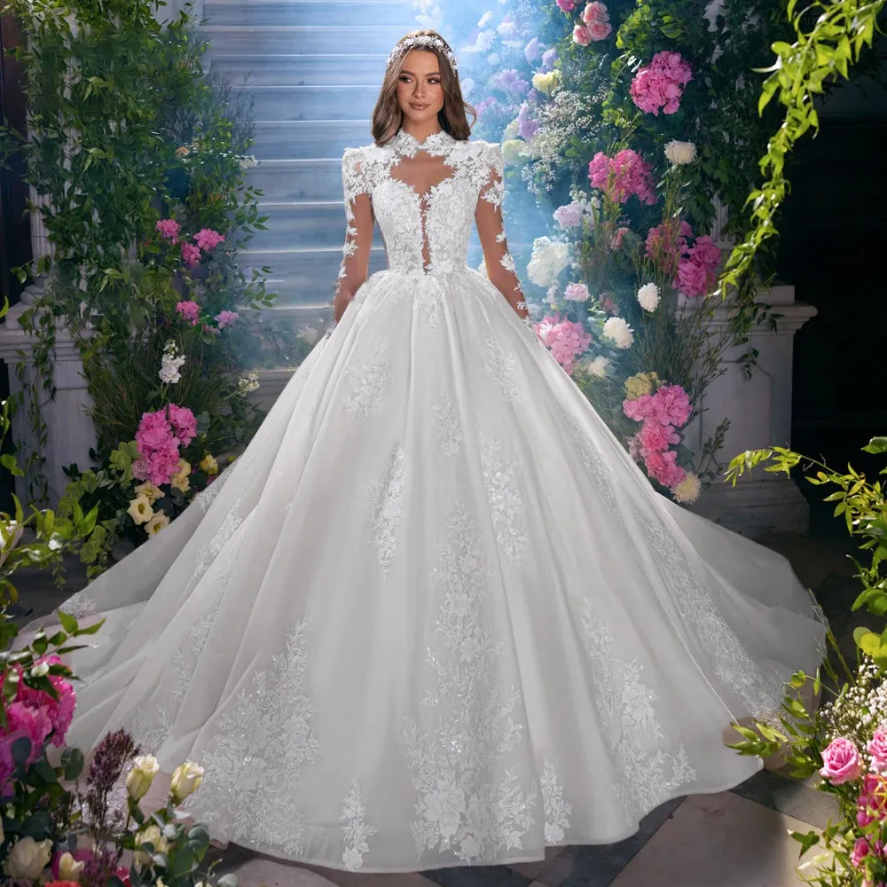 A-Line Elegant Princess Wedding Dresses High Neck Long Sleeve Romantic Bridal Gown