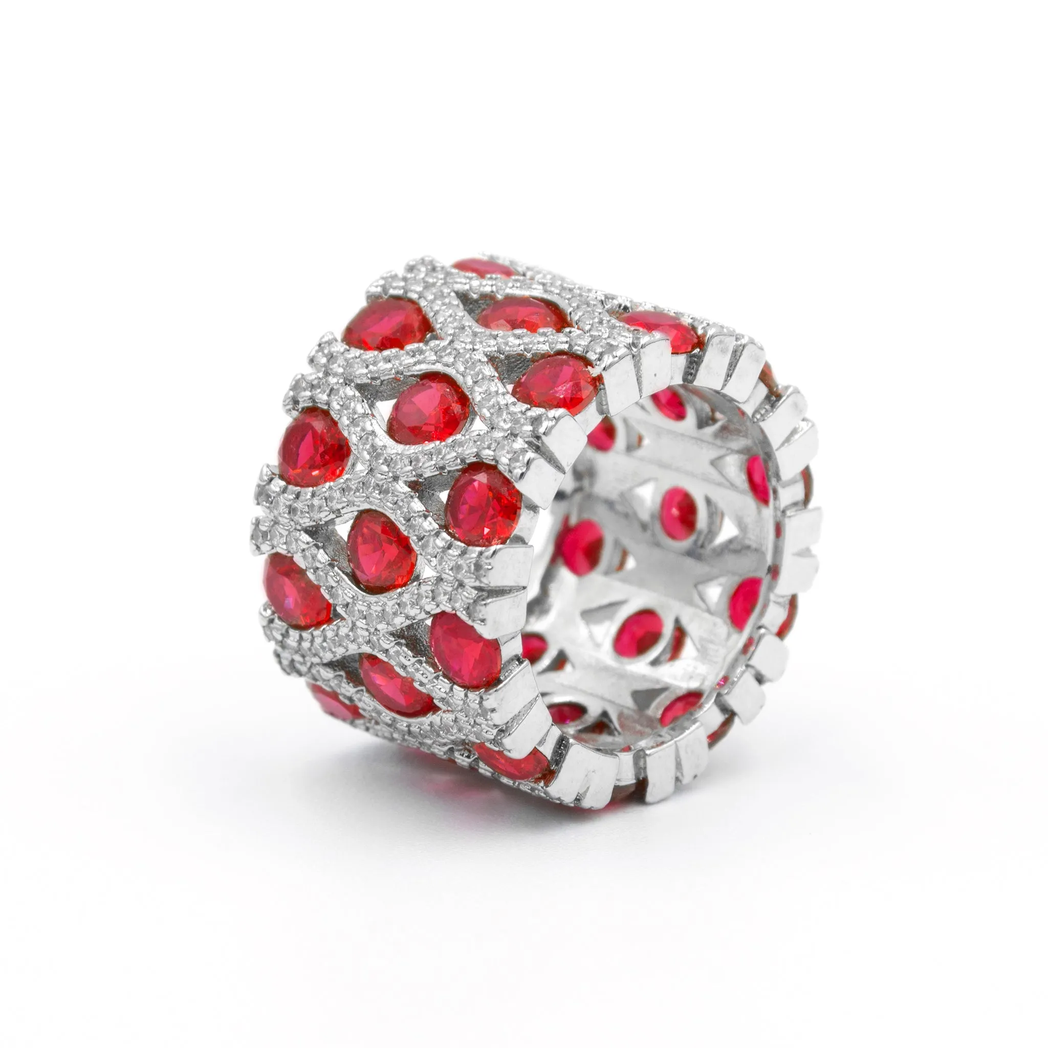 Anillo grueso con zirconias redondas rojo - plata 925