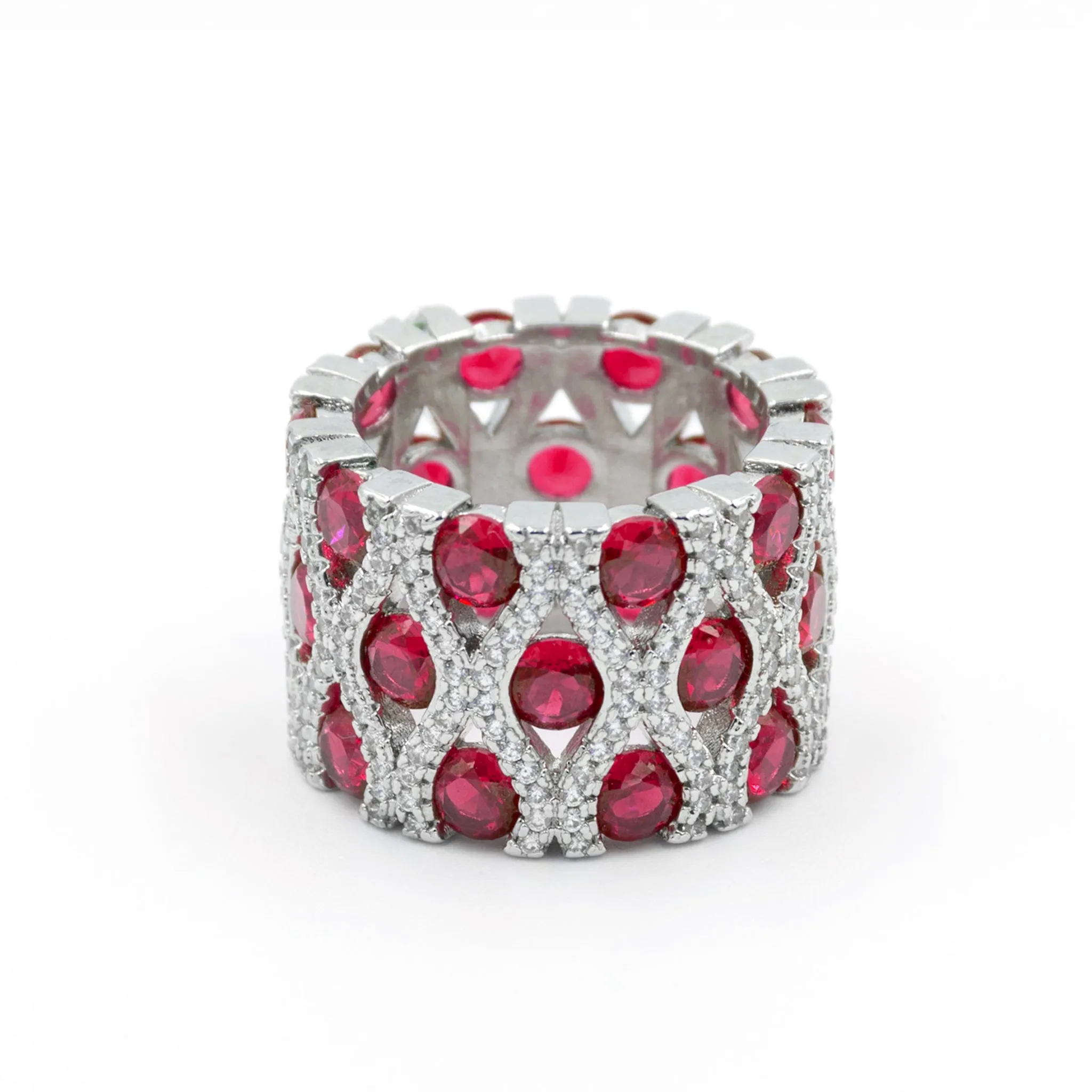 Anillo grueso con zirconias redondas rojo - plata 925