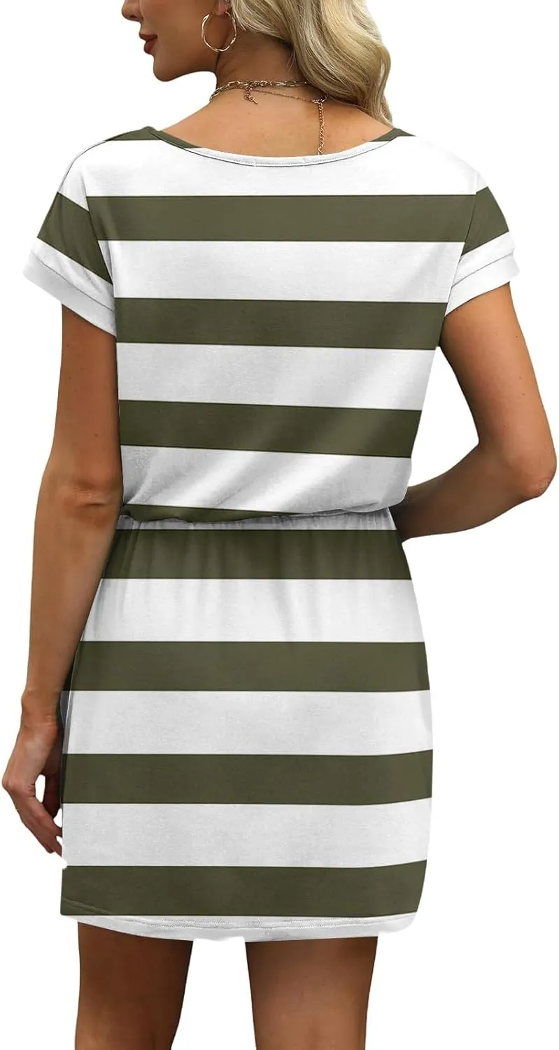 BAXLIMEK Mini Dresses for Women Summer Casual Loose V Neck Short Sleeve T Shirt Dress,Comfy Drawstring Striped Beach Dress