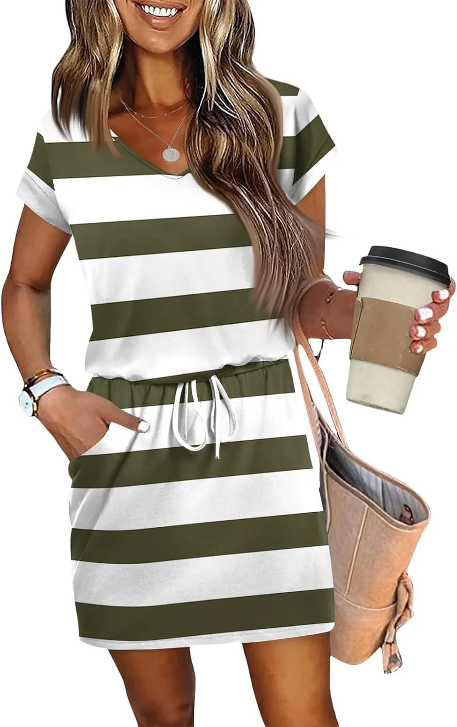 BAXLIMEK Mini Dresses for Women Summer Casual Loose V Neck Short Sleeve T Shirt Dress,Comfy Drawstring Striped Beach Dress