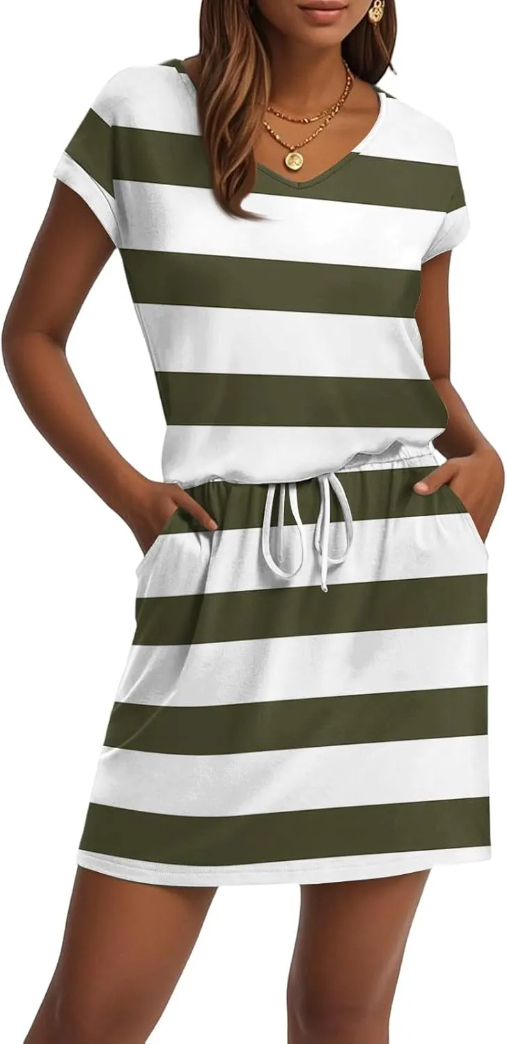 BAXLIMEK Mini Dresses for Women Summer Casual Loose V Neck Short Sleeve T Shirt Dress,Comfy Drawstring Striped Beach Dress