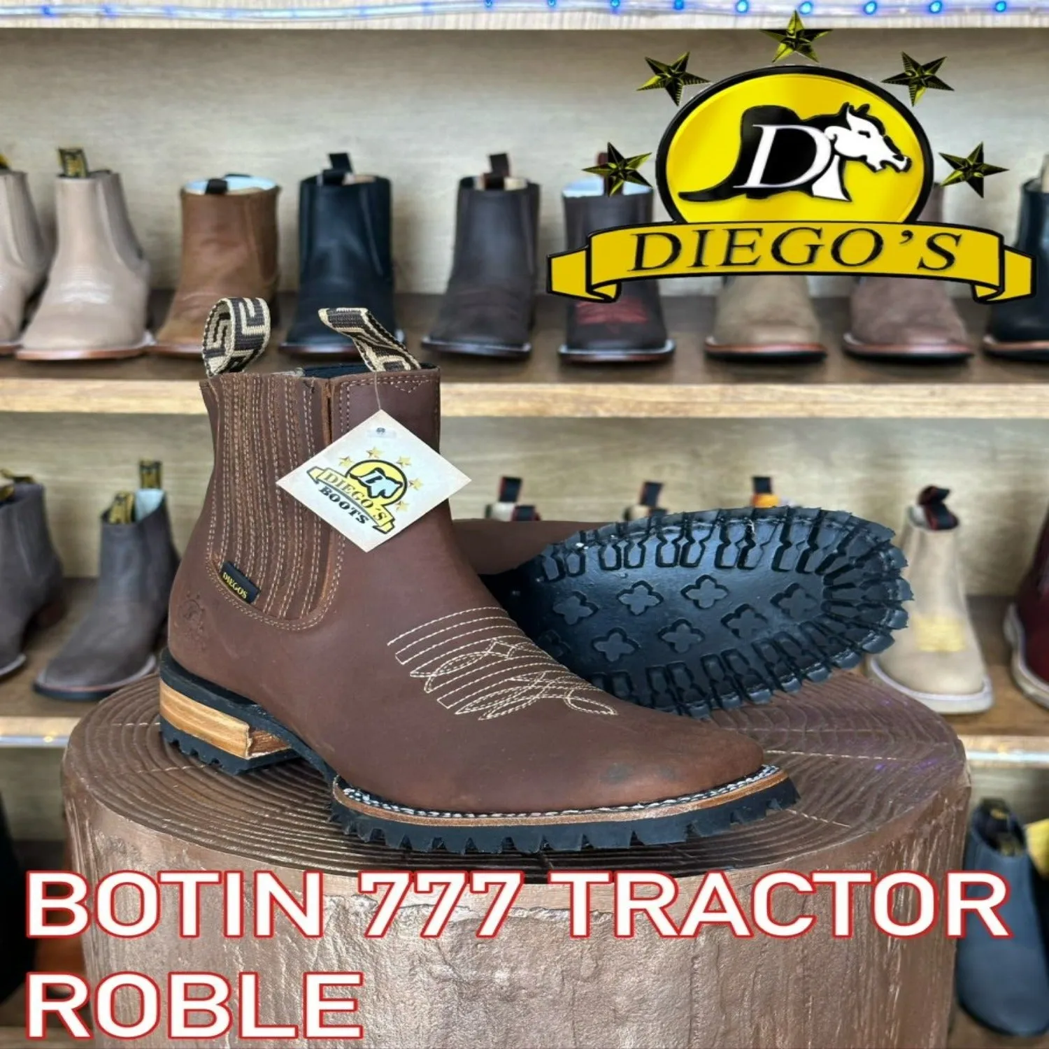 Botines Charros de Punta Cuadrada con Suela de Tractor Color Roble DIE-777ROBLE