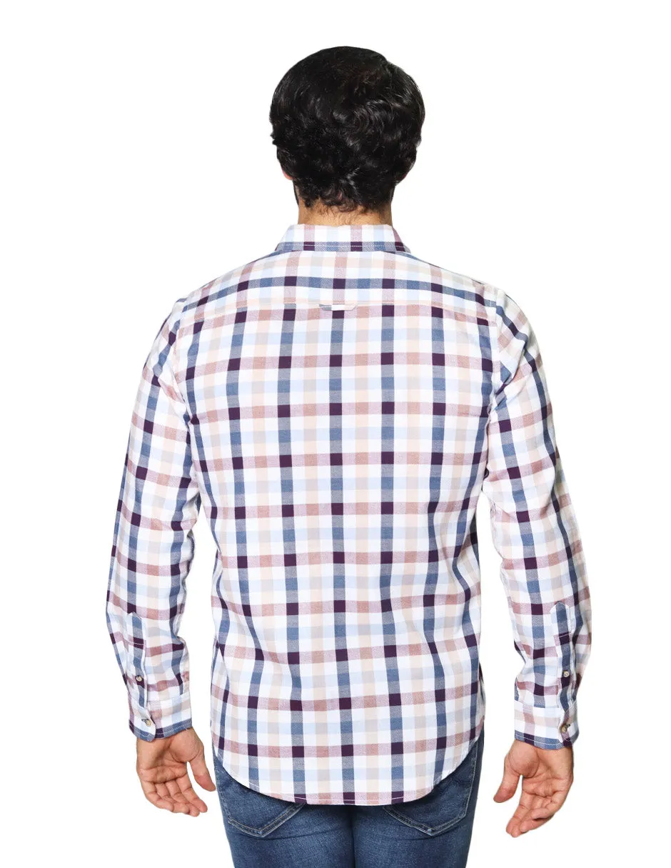 Camisas Hombre Casuales De Manga Larga Con Estampado De Cuadros Relaxed Fit B35107 Beige