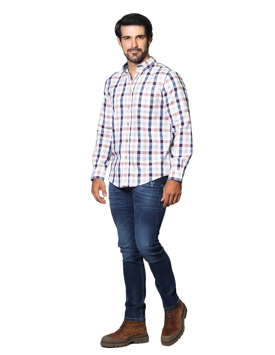 Camisas Hombre Casuales De Manga Larga Con Estampado De Cuadros Relaxed Fit B35107 Beige