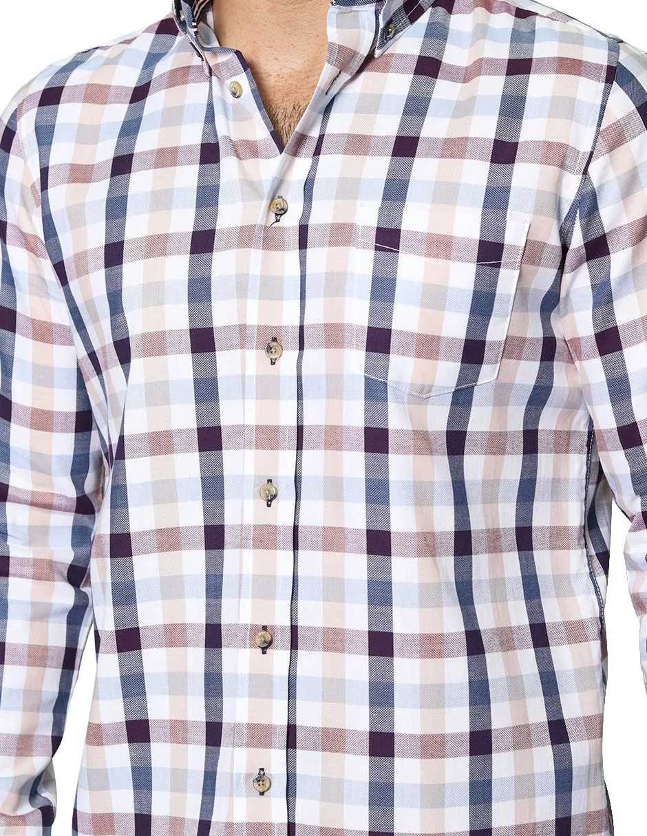 Camisas Hombre Casuales De Manga Larga Con Estampado De Cuadros Relaxed Fit B35107 Beige