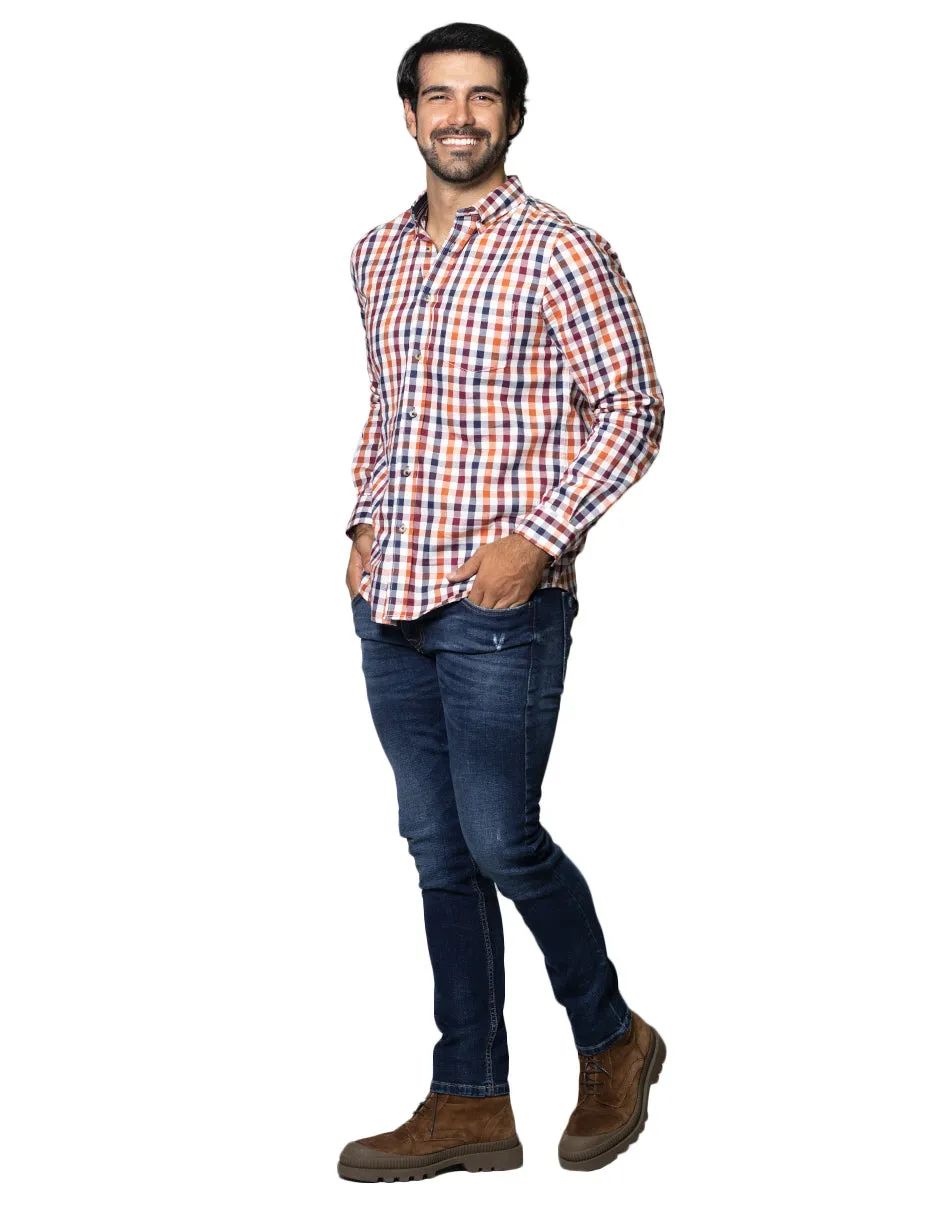 Camisas Hombre Casuales De Manga Larga Con Estampado De Cuadros Relaxed Fit B35108 Beige