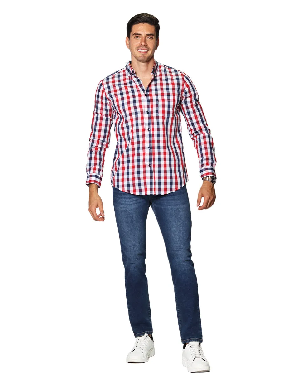 Camisas Para Hombre De Manga Larga Con Estampado De Cuadros Regular Fit B35218 Rojo