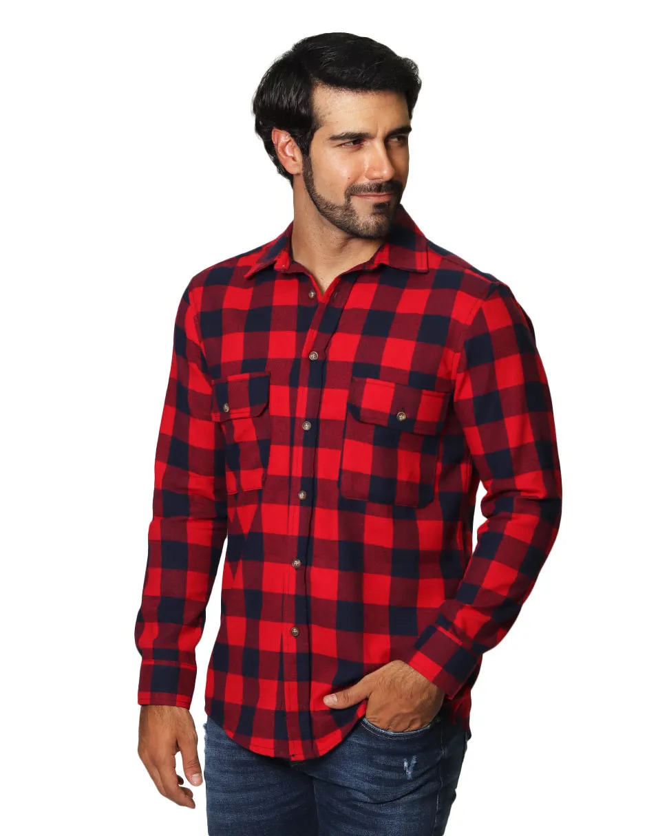 Camisas Para Hombre De Manga Larga Tipo Franela Con Estampado De Cuadros Relaxed Fit B35124 Rojo