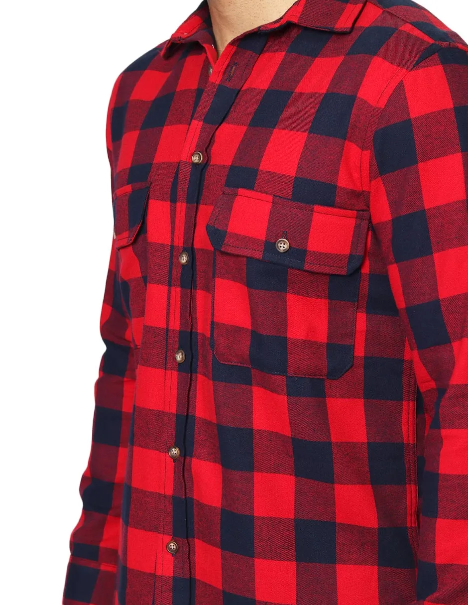 Camisas Para Hombre De Manga Larga Tipo Franela Con Estampado De Cuadros Relaxed Fit B35124 Rojo