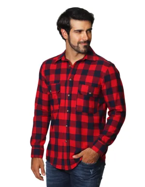 Camisas Para Hombre De Manga Larga Tipo Franela Con Estampado De Cuadros Relaxed Fit B35124 Rojo