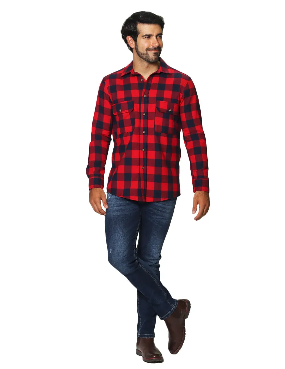 Camisas Para Hombre De Manga Larga Tipo Franela Con Estampado De Cuadros Relaxed Fit B35124 Rojo