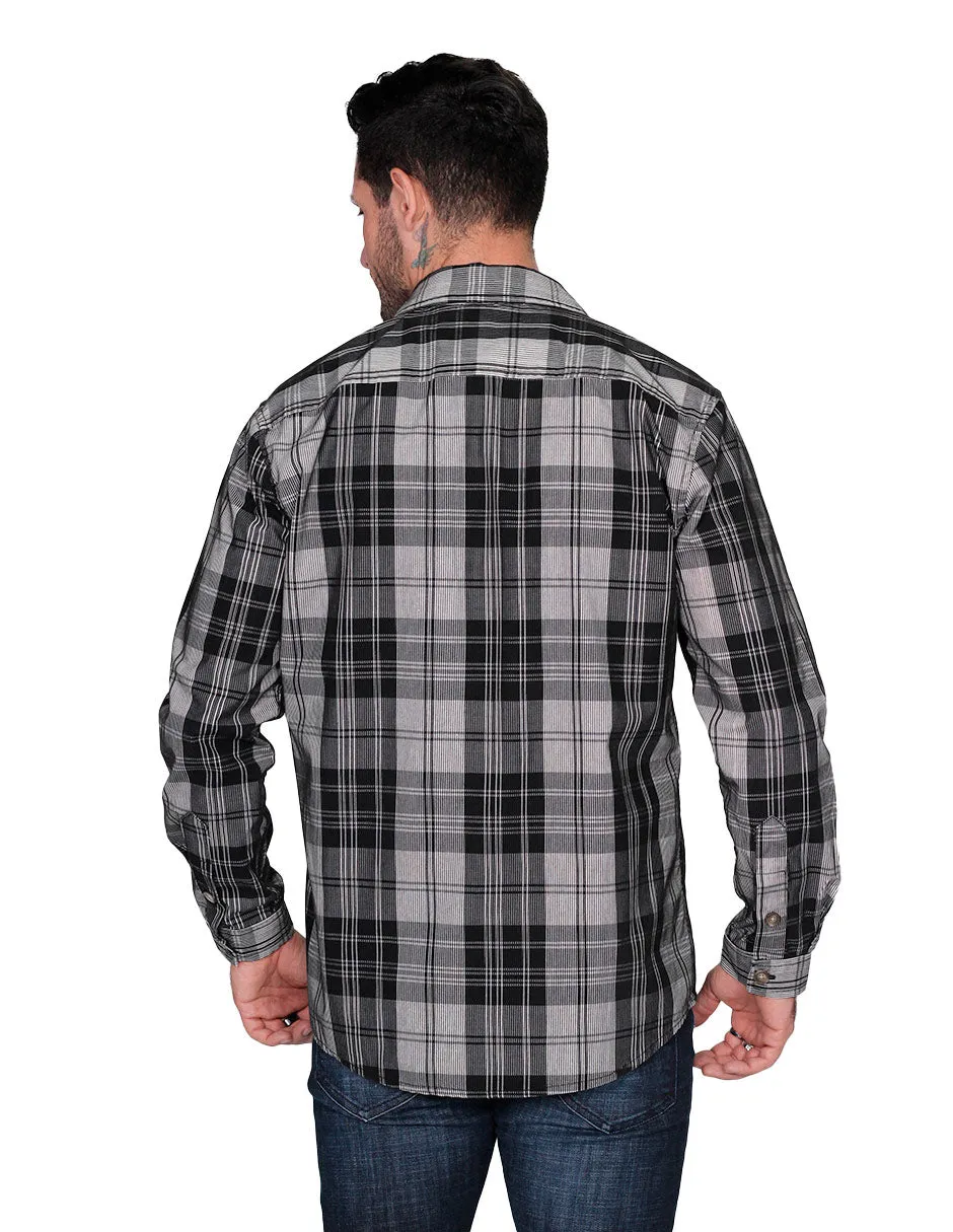 Camisas Para Hombre De Manga Larga Tipo Pana Con Estampado De Cuadros Relaxed Fit B35123 Gris