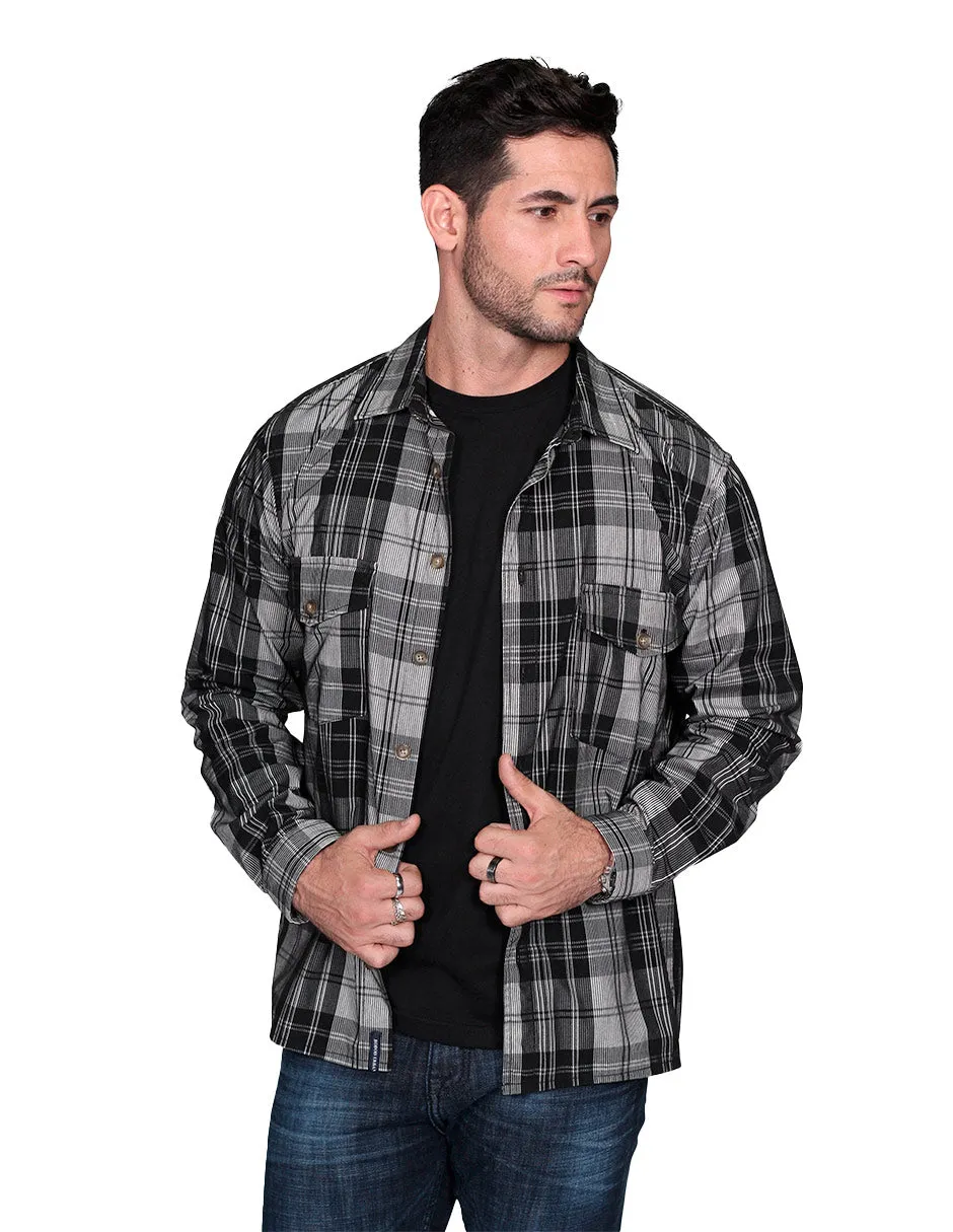 Camisas Para Hombre De Manga Larga Tipo Pana Con Estampado De Cuadros Relaxed Fit B35123 Gris