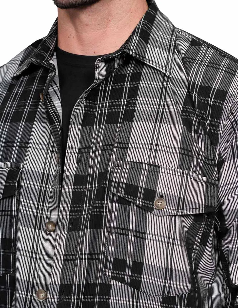 Camisas Para Hombre De Manga Larga Tipo Pana Con Estampado De Cuadros Relaxed Fit B35123 Gris