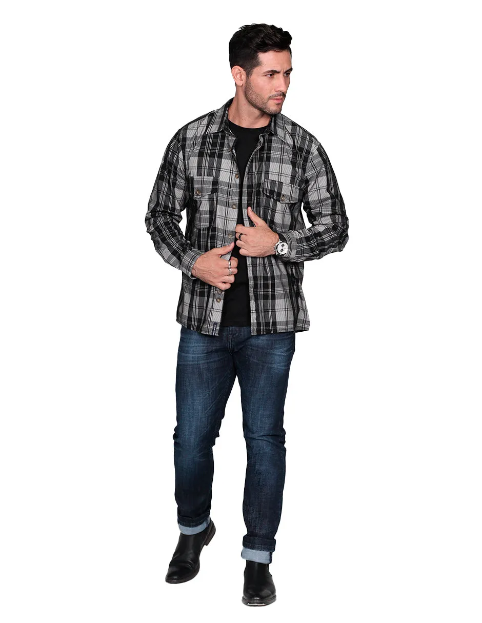 Camisas Para Hombre De Manga Larga Tipo Pana Con Estampado De Cuadros Relaxed Fit B35123 Gris