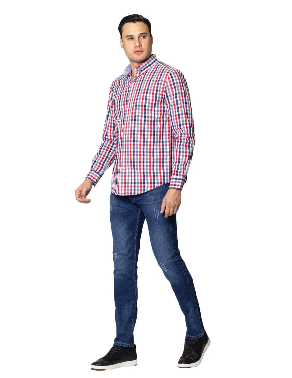 Camisas Para Hombre De Tela Mascota Con Estamado De Cuadros De Manga Larga Cuello Button Down Regular Fit B41210 Gris