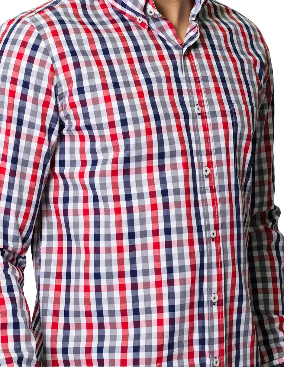 Camisas Para Hombre De Tela Mascota Con Estamado De Cuadros De Manga Larga Cuello Button Down Regular Fit B41210 Gris