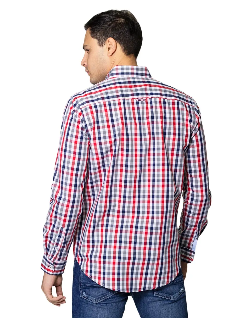 Camisas Para Hombre De Tela Mascota Con Estamado De Cuadros De Manga Larga Cuello Button Down Regular Fit B41210 Gris