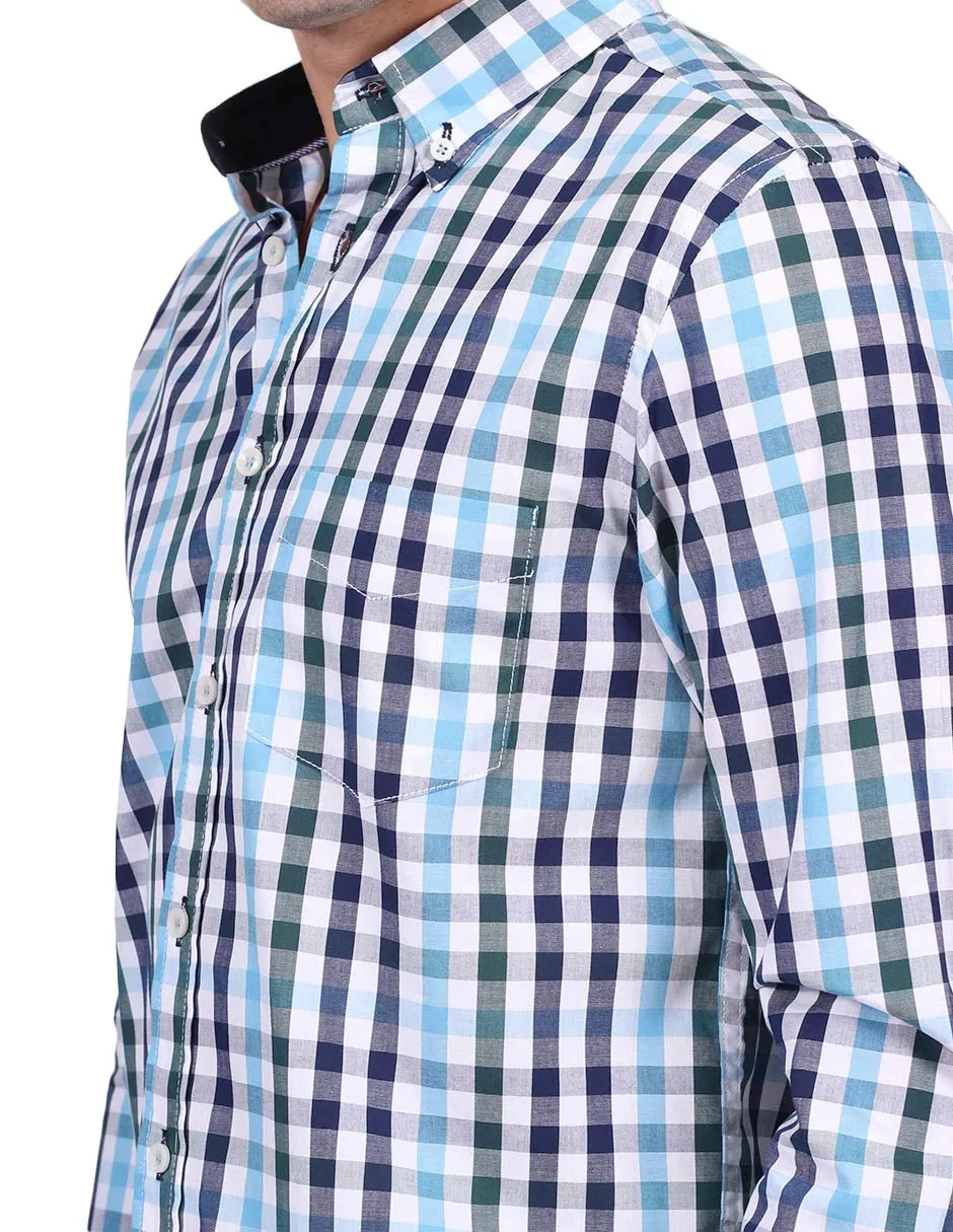 Camisas Para Hombre Manga Larga Cuadros Regular Fit Azul B25208