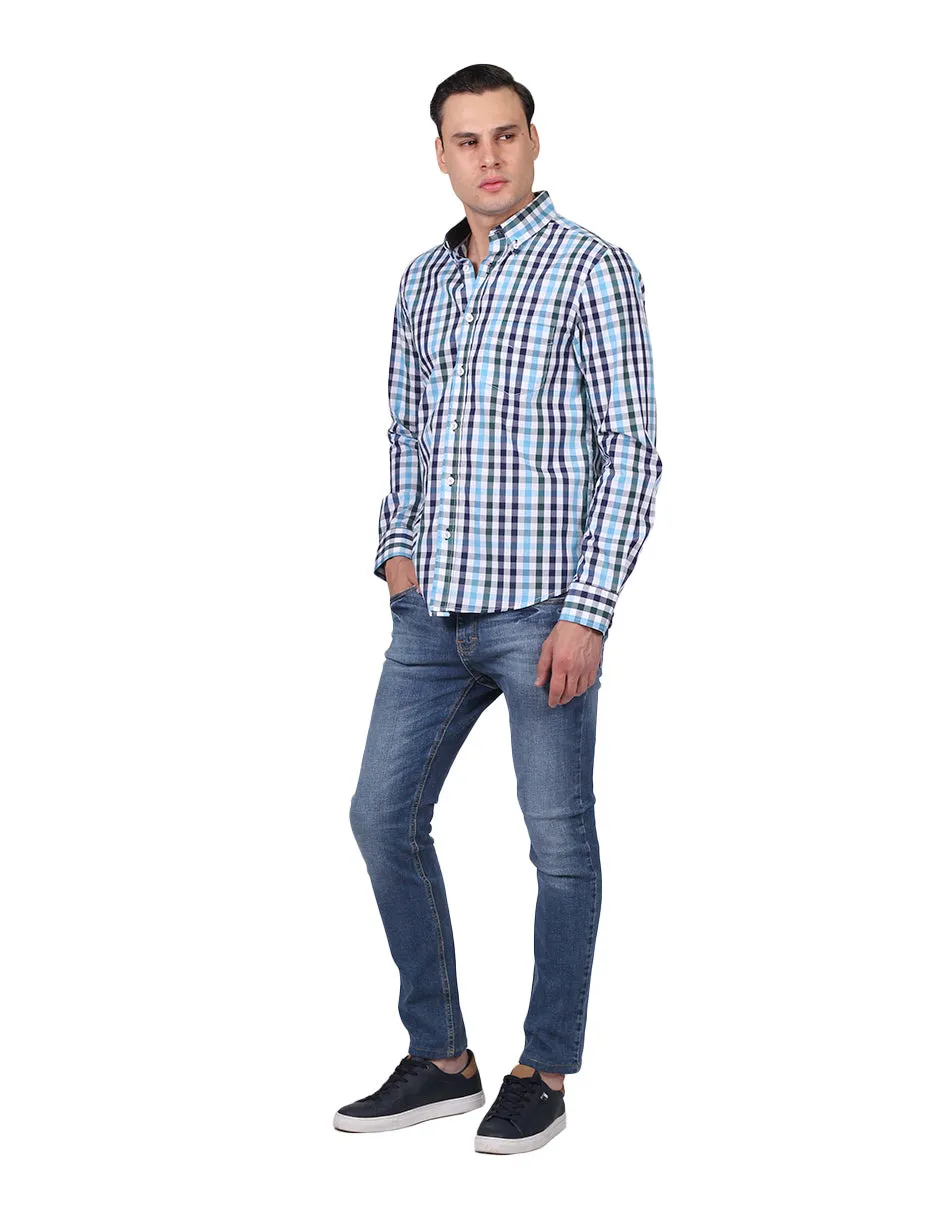 Camisas Para Hombre Manga Larga Cuadros Regular Fit Azul B25208