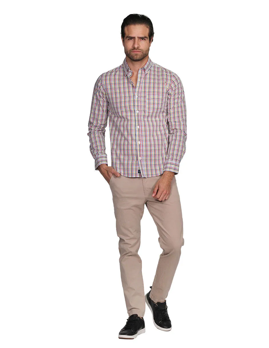 Camisas Para Hombre Manga Larga Cuadros Regular Fit Blanco B21207