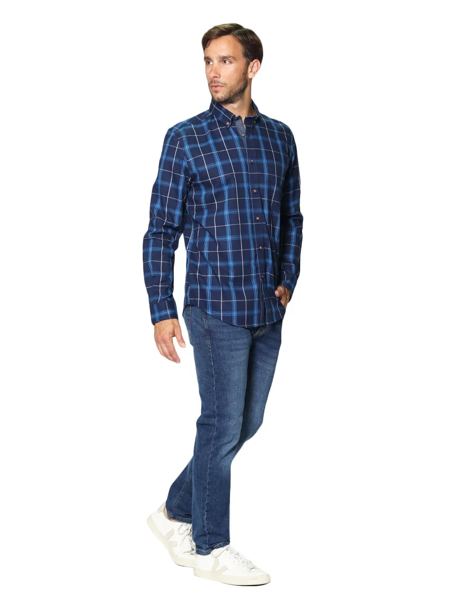 Camisas Para Hombre Manga Larga Estampado Cuadros B45113 Marino
