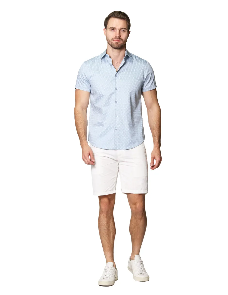 Camisas Para Hombre Satinada De Manga Corta Cuello Italiano Con Estampado De Micro Cuadros B41355 Cielo