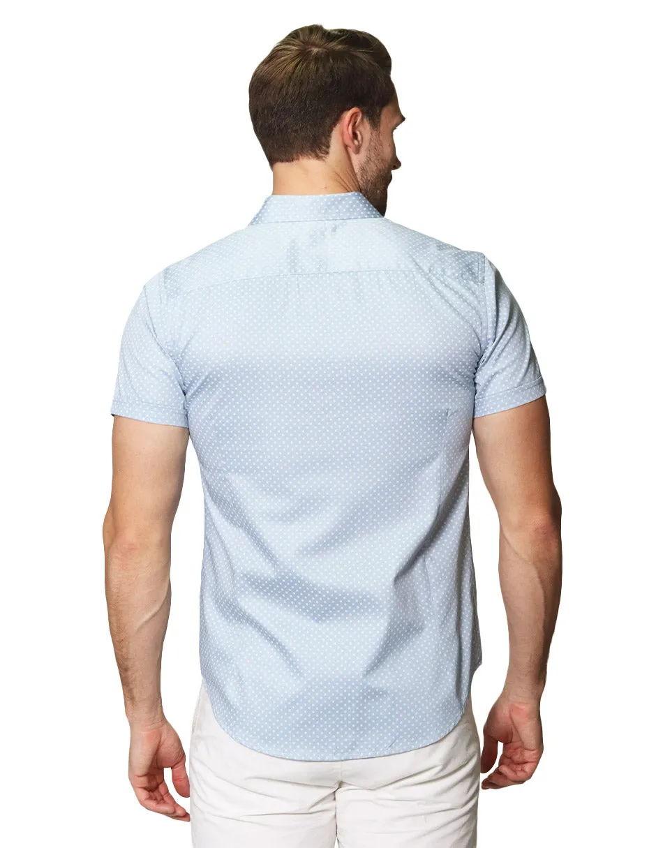 Camisas Para Hombre Satinada De Manga Corta Cuello Italiano Con Estampado De Micro Cuadros B41355 Cielo