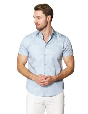 Camisas Para Hombre Satinada De Manga Corta Cuello Italiano Con Estampado De Micro Cuadros B41355 Cielo