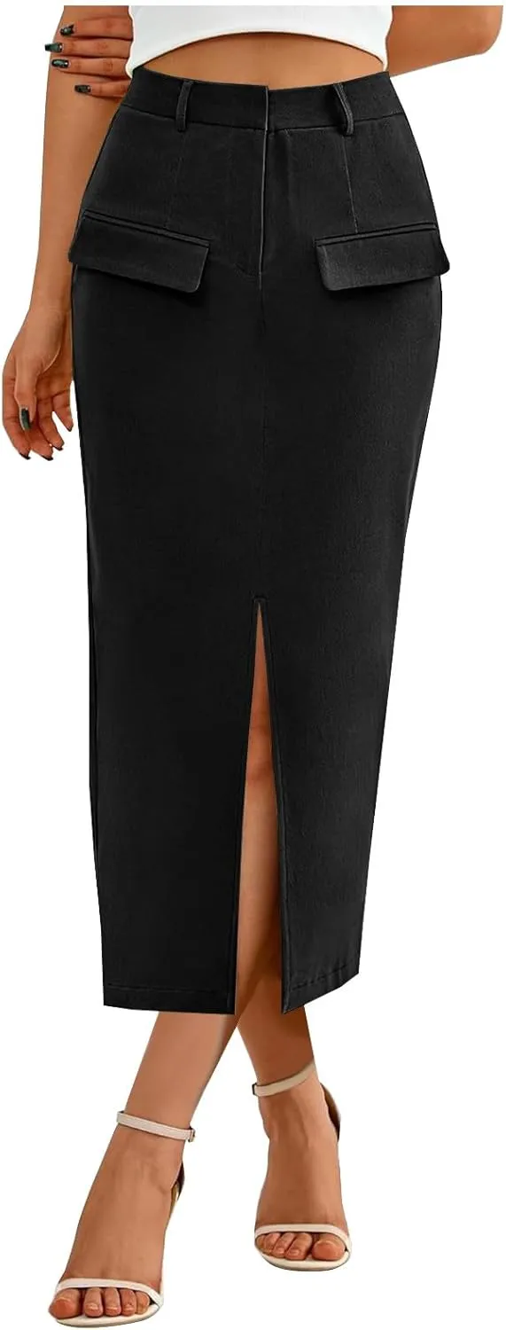 Cargo Skirts for Women High Waisted Midi Skirt Trendy Spring Summer Pencil Slit Dressy Casual Business Work Long Skirts