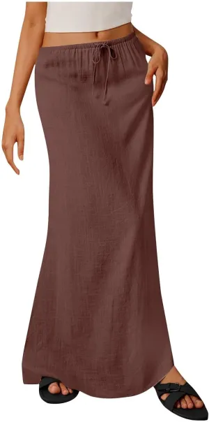 Cotton Linen Maxi Skirts for Women 2025 Drawstring Elastic High Rise Dress A Line Cute Vacation Boho Long Flowy Skirts