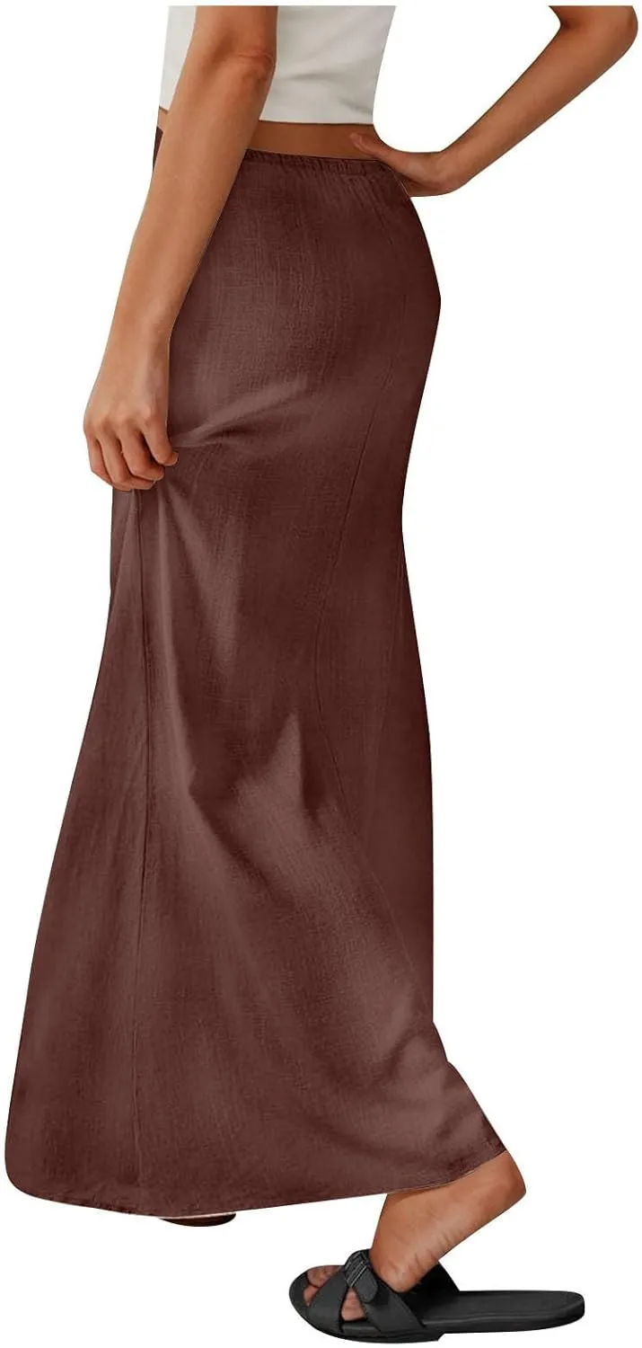 Cotton Linen Maxi Skirts for Women 2025 Drawstring Elastic High Rise Dress A Line Cute Vacation Boho Long Flowy Skirts