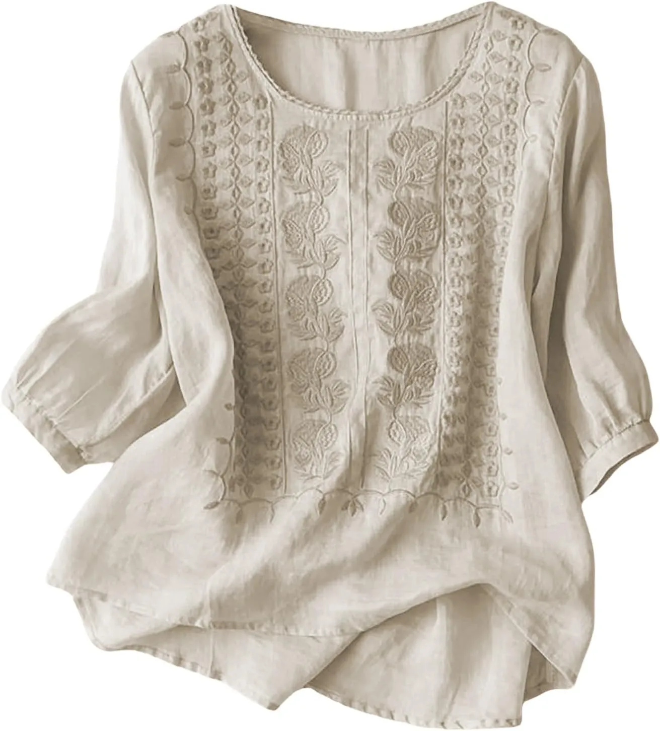 Cotton Linen Shirts for Women 2025 Trendy Summer Retro Embroidered 3/4 Sleeve Boho Blouse Dressy Casual Vacation Top