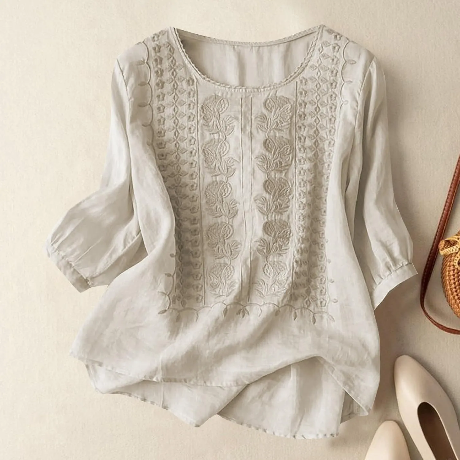 Cotton Linen Shirts for Women 2025 Trendy Summer Retro Embroidered 3/4 Sleeve Boho Blouse Dressy Casual Vacation Top