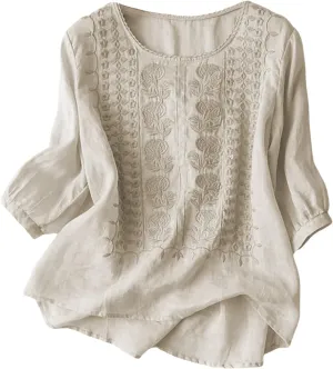 Cotton Linen Shirts for Women 2025 Trendy Summer Retro Embroidered 3/4 Sleeve Boho Blouse Dressy Casual Vacation Top