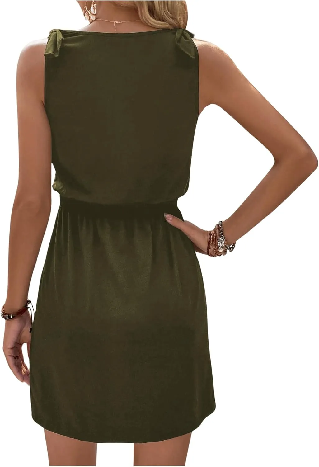 COZYEASE Women's Tie Shoulder A Line High Waist A Line Dress Sleeveless V Neck Solid Short Dresses