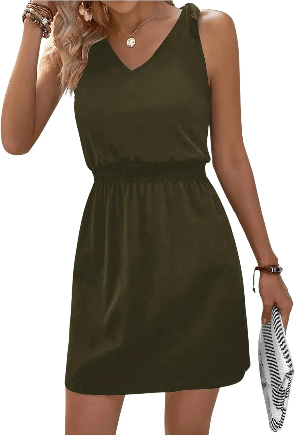 COZYEASE Women's Tie Shoulder A Line High Waist A Line Dress Sleeveless V Neck Solid Short Dresses