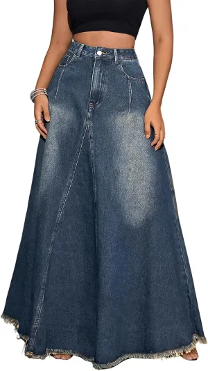 ebossy Women's Retro High Waisted Frayed Raw Hem Herringbone Stitch Washed Maxi Long Denim Skirt with Pockets