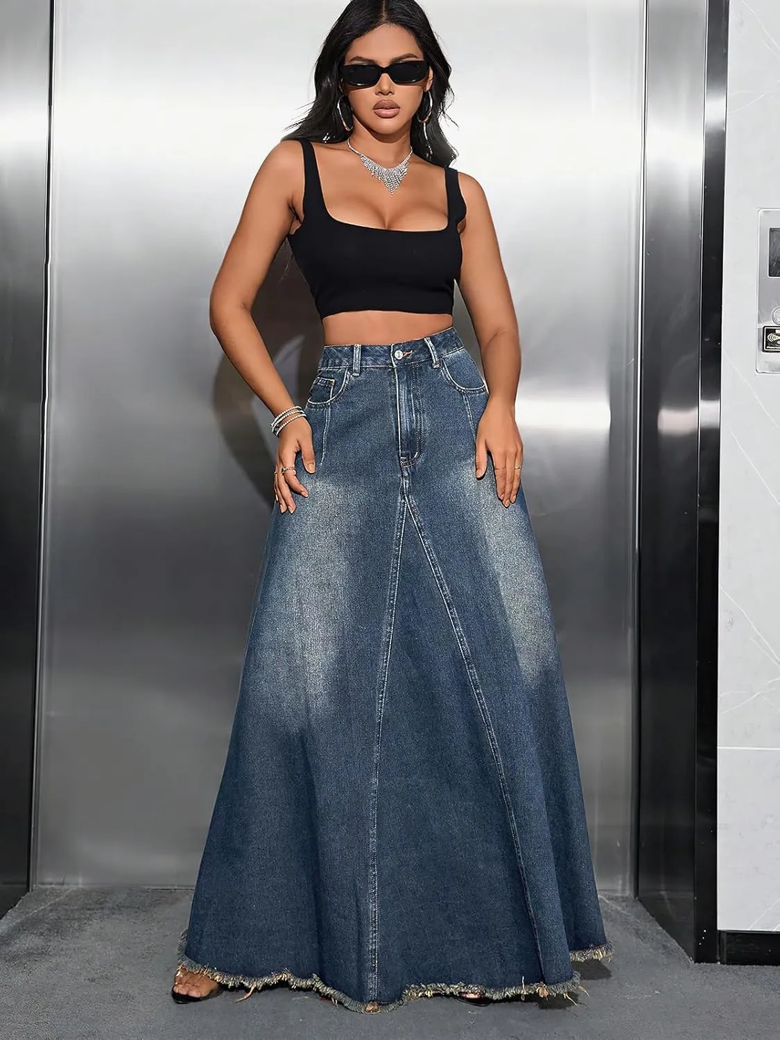ebossy Women's Retro High Waisted Frayed Raw Hem Herringbone Stitch Washed Maxi Long Denim Skirt with Pockets