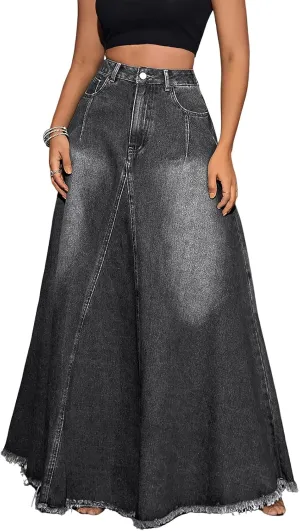 ebossy Women's Retro High Waisted Frayed Raw Hem Herringbone Stitch Washed Maxi Long Denim Skirt with Pockets
