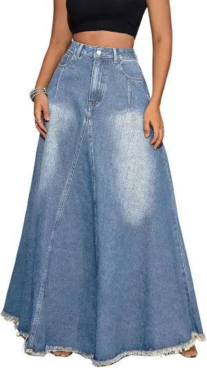 ebossy Women's Retro High Waisted Frayed Raw Hem Herringbone Stitch Washed Maxi Long Denim Skirt with Pockets