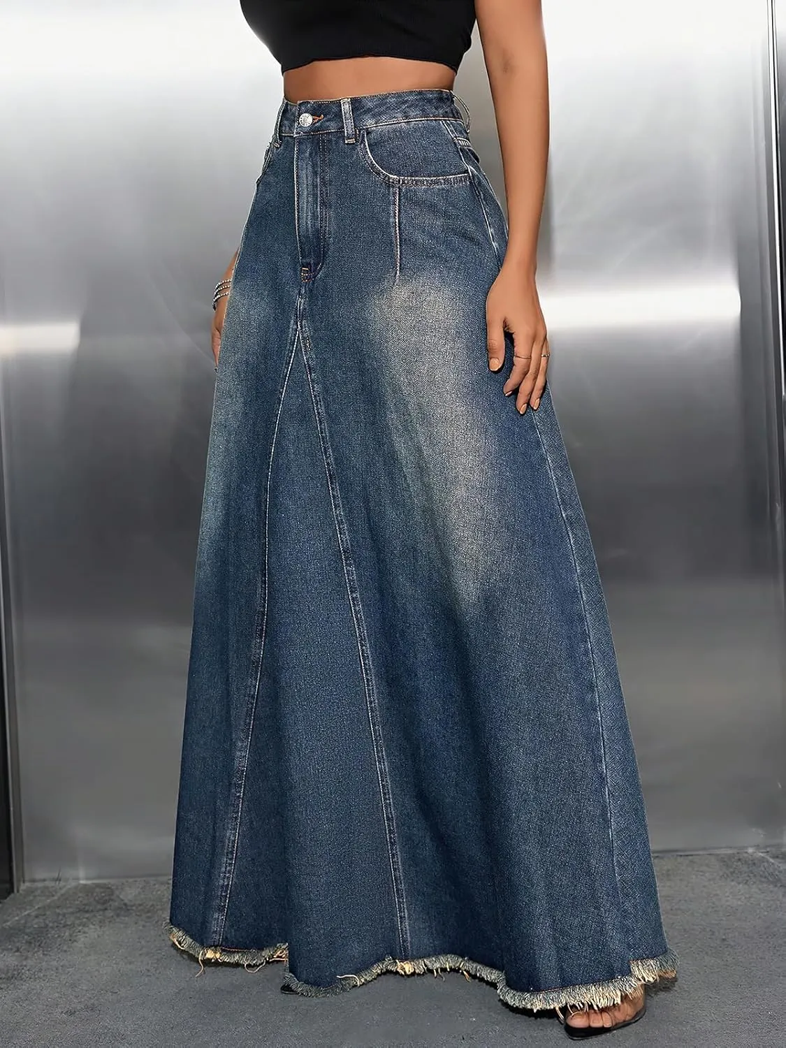 ebossy Women's Retro High Waisted Frayed Raw Hem Herringbone Stitch Washed Maxi Long Denim Skirt with Pockets
